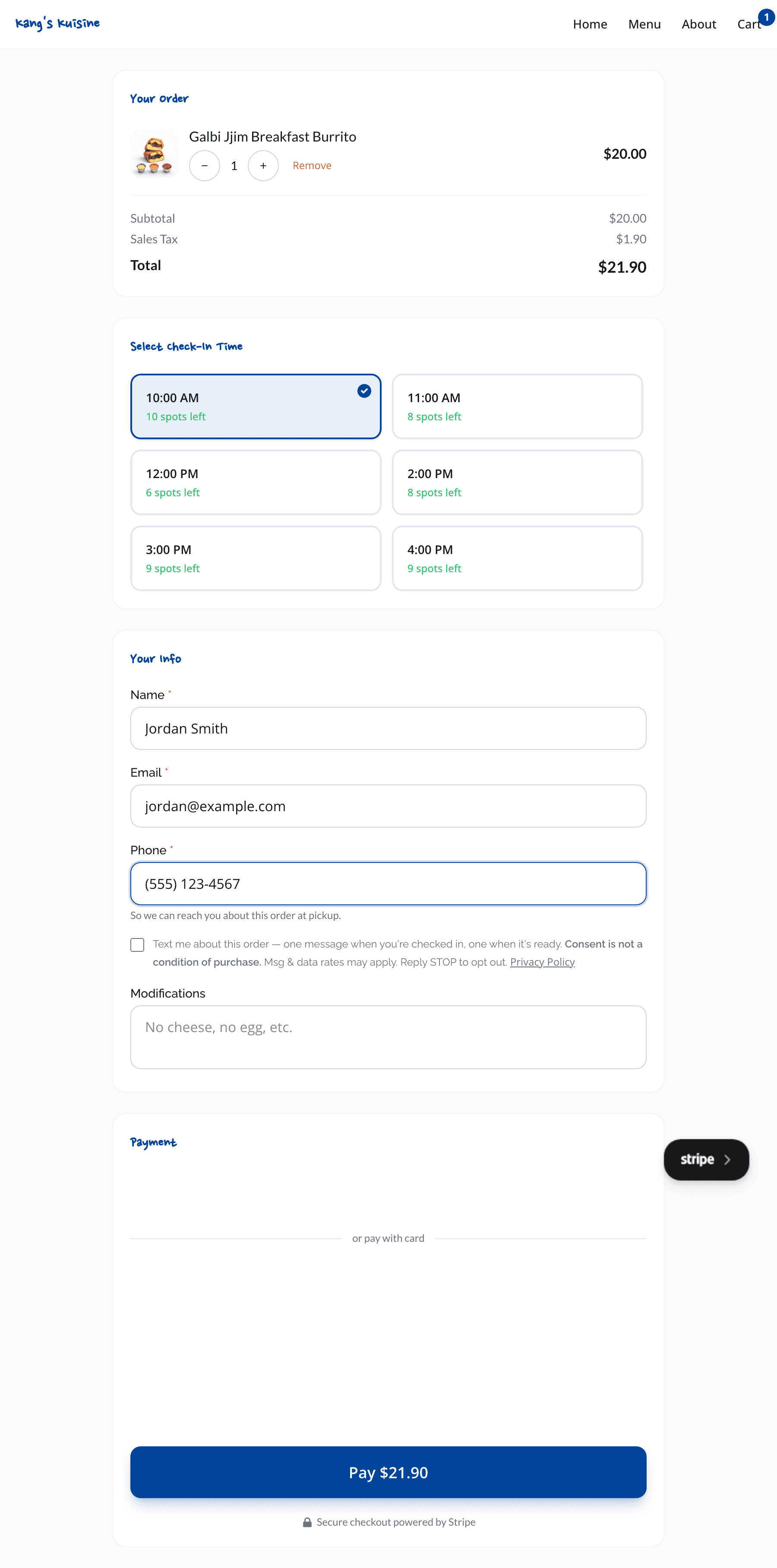 The Kang's Kuisine checkout form, showing an unticked 'Text me about this order' consent checkbox below the phone field
